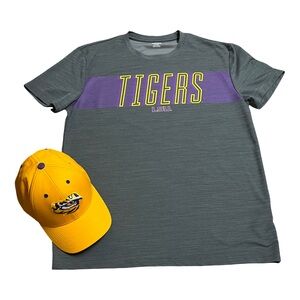 LSU T-Shirt NWOT, XL, Purple & Yellow Tigers Logo 100% Poly w/ LSU baseball hat